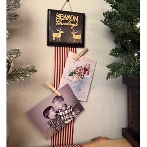 Season Greetings Card Holder Black Gold Script Topper Red Striped Wide Ribbon